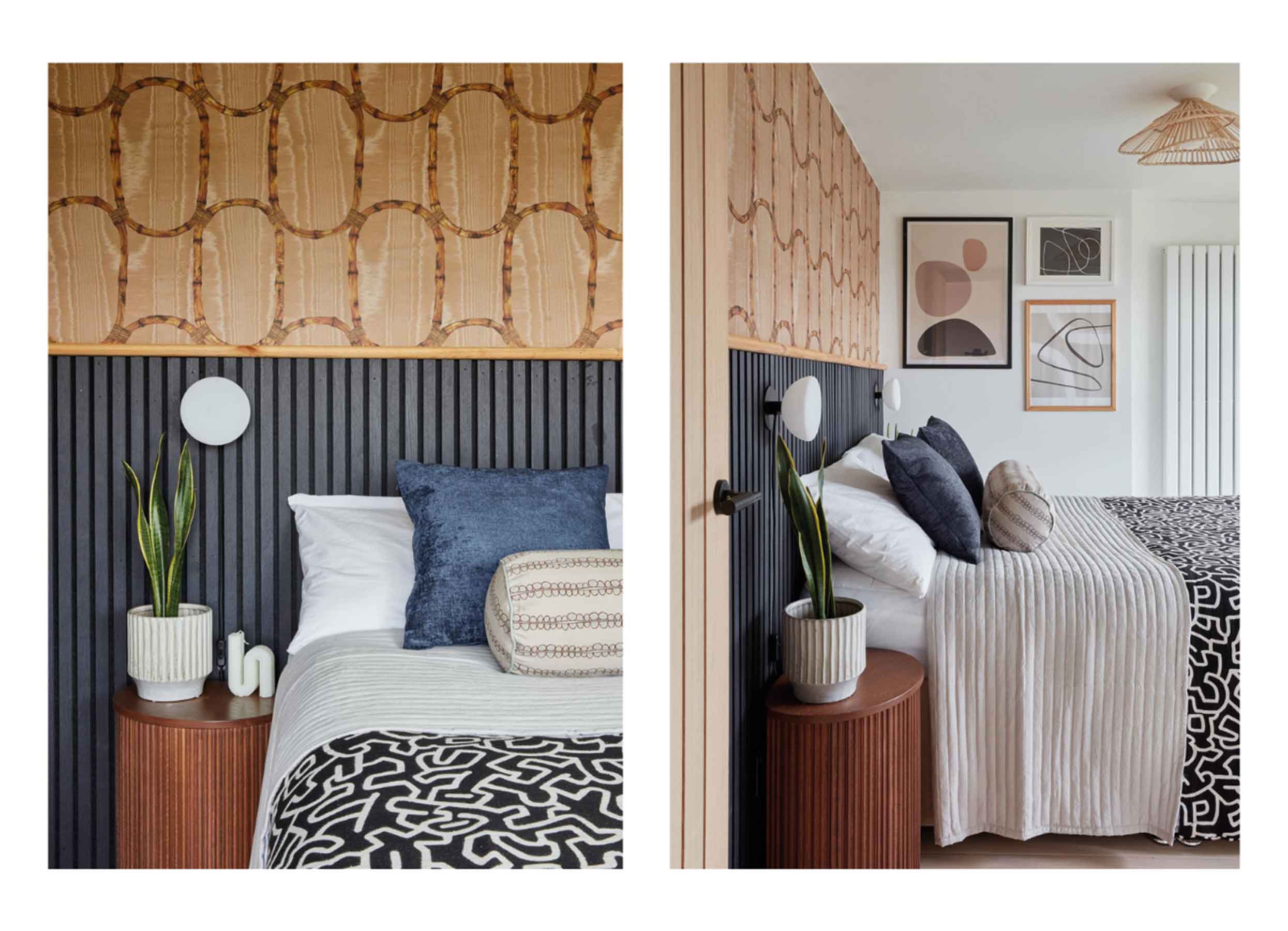 Black bedroom wall panelling paired with patterned wallpaper and bedding, a reeded bedside table and fluted plant pot.