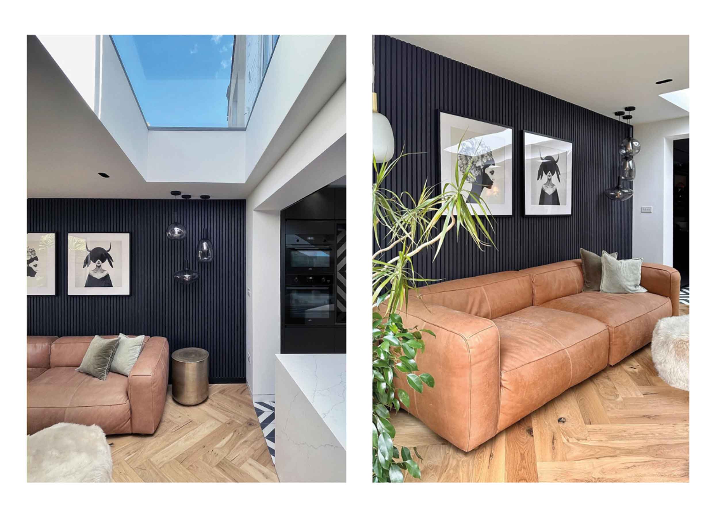 White room featuring black wood wall panels, a skylight, monochrome wall art, a brown leather sofa and greenery.