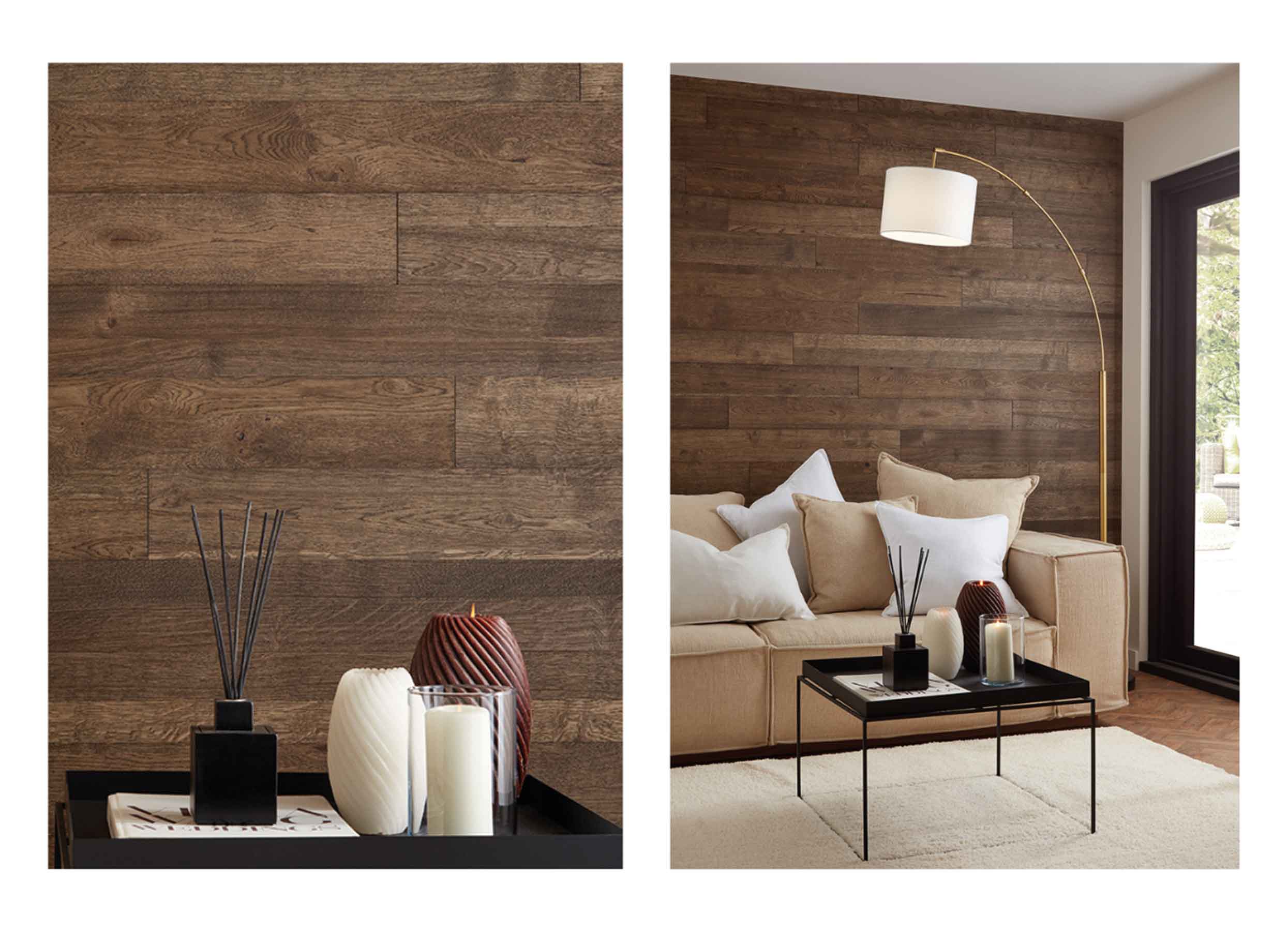 Lounge featuring brown wood planks on a feature wall behind a black table with a reed diffuser and candles, and a cream sofa.