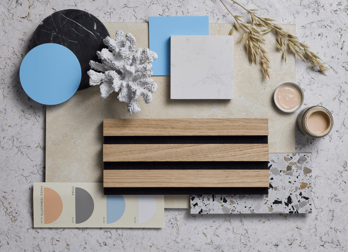 Interior design mood board featuring SlatWall Natural Oak and Black with sky blue, cream and terracotta swatches.