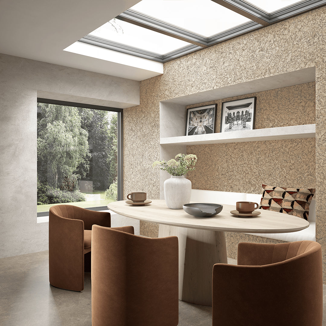 CorkWall Lagos Beige tiles on the wall of a neutral, Japandi style dining room.