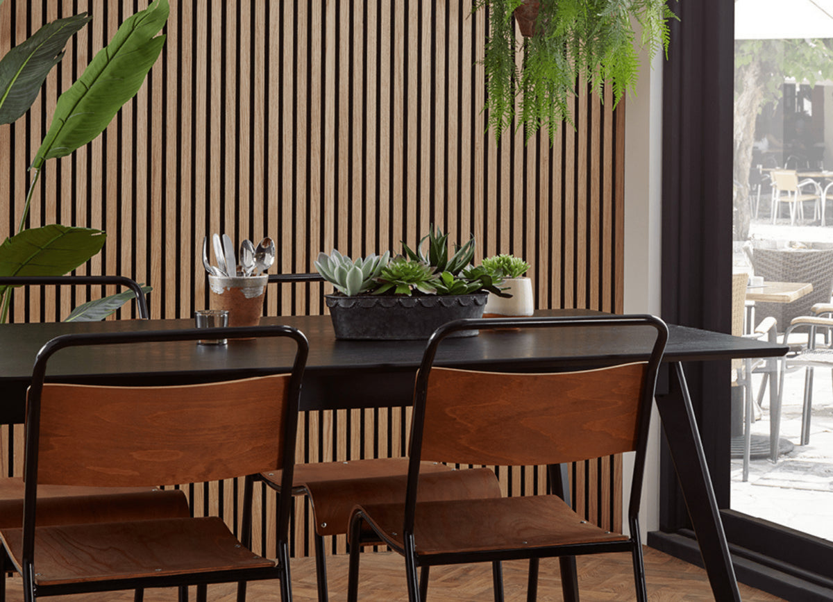 Natural Oak and Black SlatWall on dining room wall