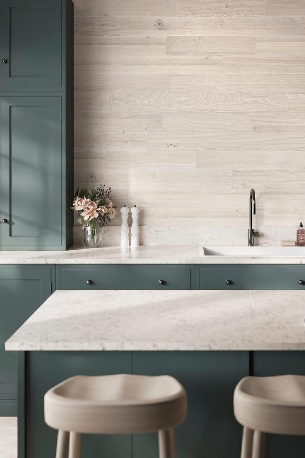 Alaska Oak Planks used in kitchen setting next to khaki green cabinets and white marble worktop