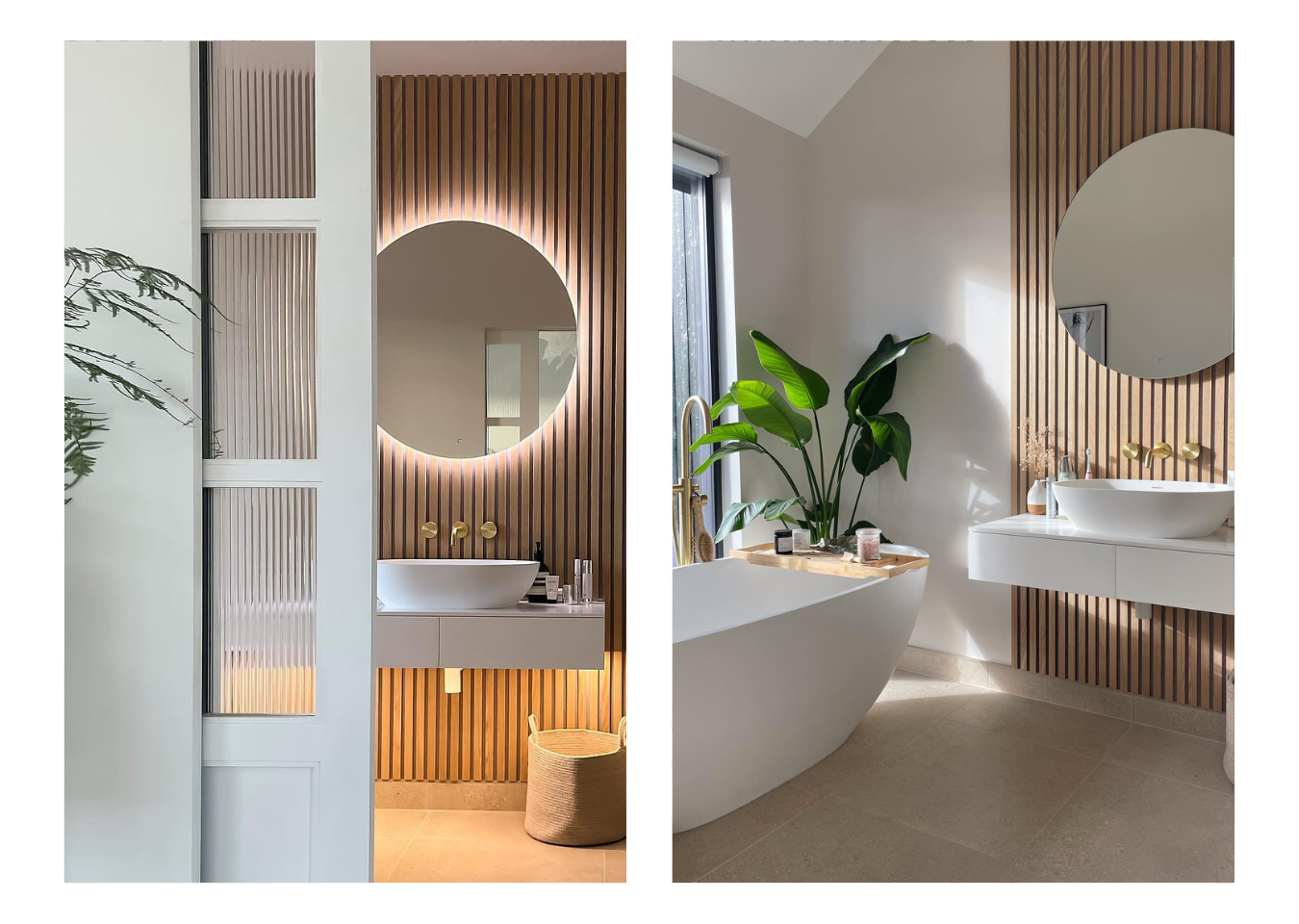 Left: large bathroom wall with Natural Oak panels, white basin and round mirror. Right: free-standing bathtub next to the wall in the same bathroom.