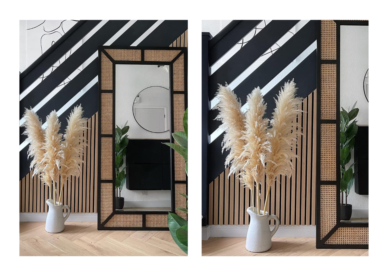 Modern hallway idea featuring SlatWall Natural Oak and Black on the wall underneath a black staircase.