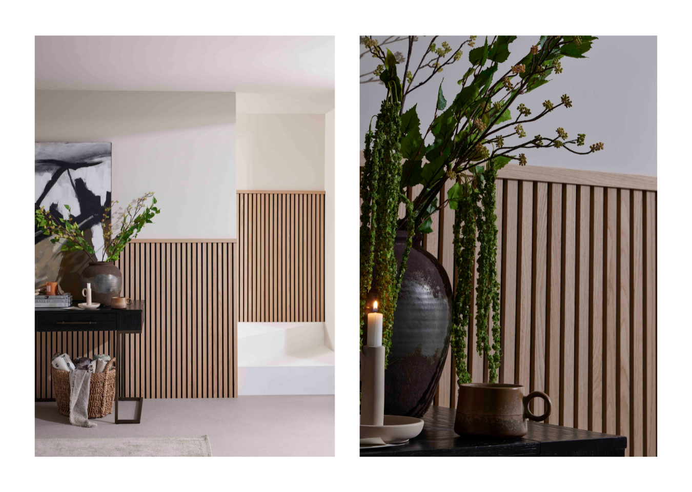 Stairs and hall decorating idea featuring SlatWall Midi wood panels in Natural Oak and Black.